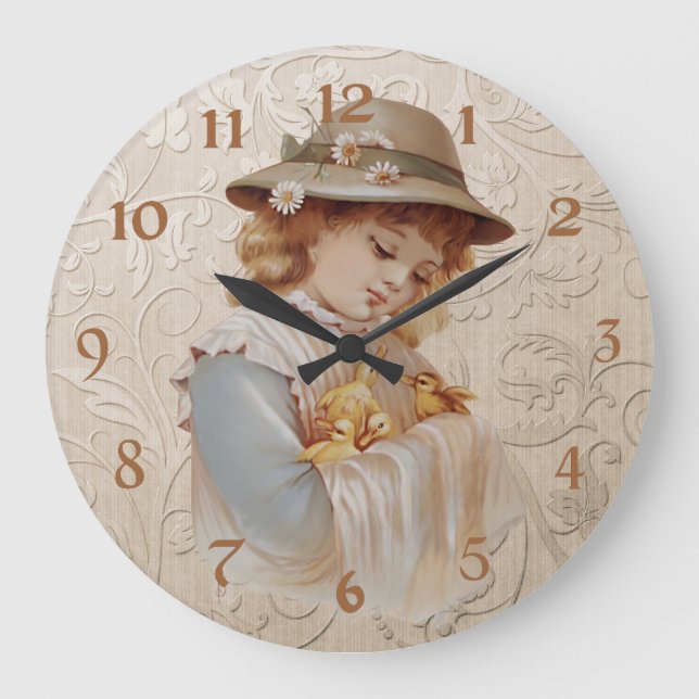 Girl with Baby Ducks Large Clock (Front)