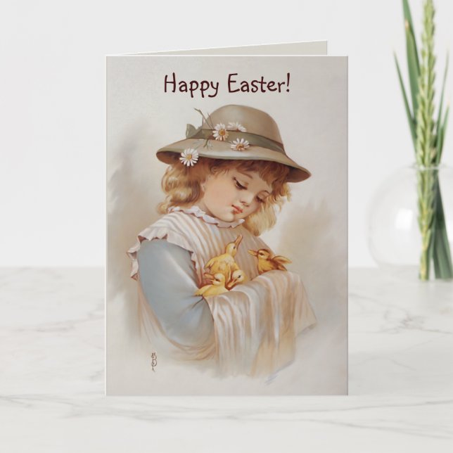 Girl with Baby Ducks Spring and Easter Holiday Card (Front)