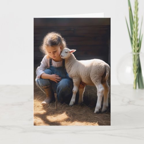Girl With Baby Lamb For Birthday Card