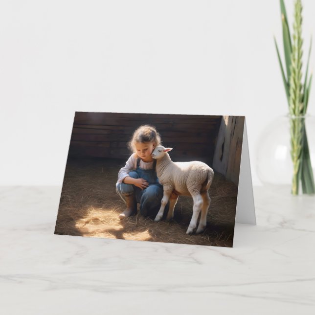 Girl With Baby Lamb For Birthday Card (Front)