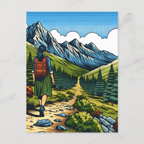 Girl with Backpack Hiking a Nature Trail Postcard