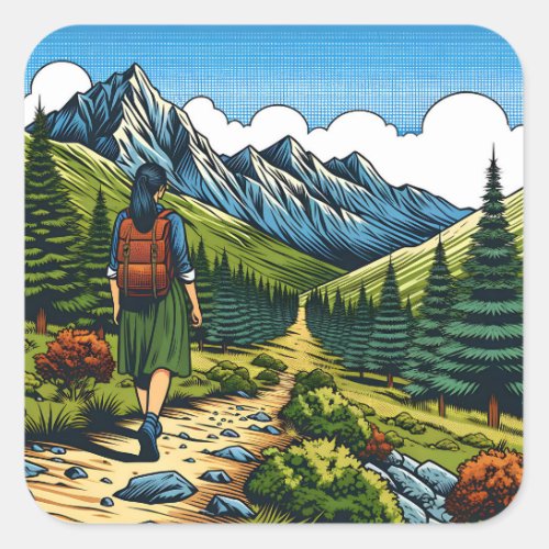Girl with Backpack Hiking a Nature Trail Square Sticker