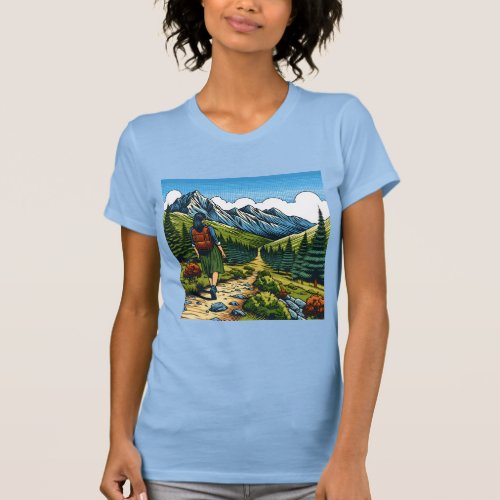 Girl with Backpack Hiking a Nature Trail T_Shirt