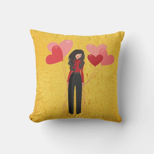 Girl with balloon whimsical throw pillow (Front)