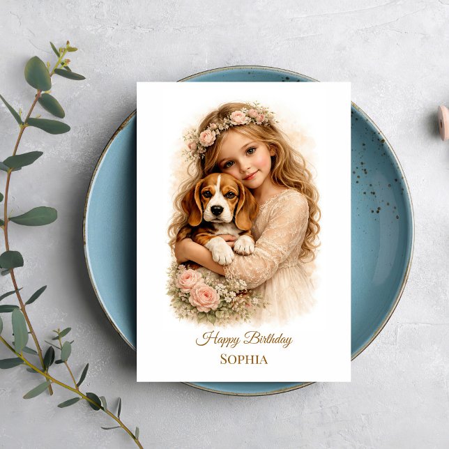 Girl with Beagle Puppy Card (Creator Uploaded)