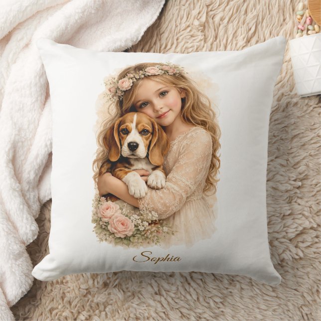 Girl with Beagle Puppy Throw Pillow (Blanket)