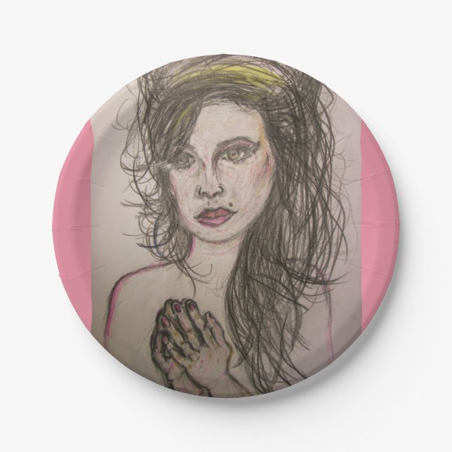 girl with beehive hair praying paper plates (Front)