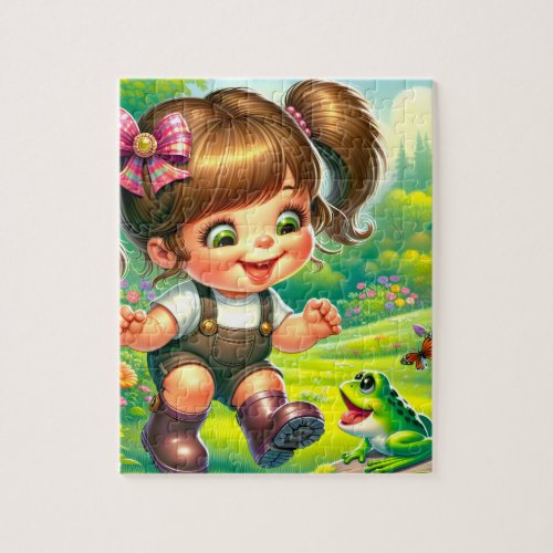 Girl With Big Eyes and Green Frog Jigsaw Puzzle