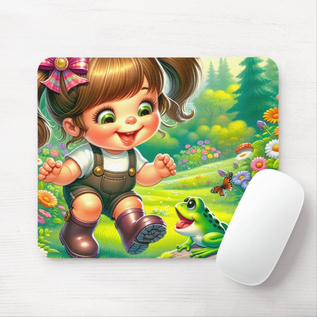Girl With Big Eyes and Green Frog Mouse Pad (With Mouse)