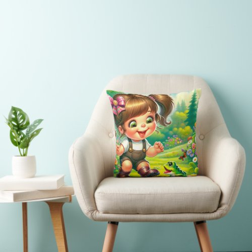 Girl With Big Eyes and Green Frog Throw Pillow