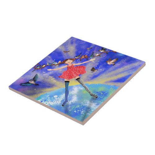 Girl with Birds Ceramic Tile Fantasy