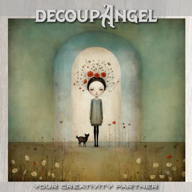 Girl with black cat and red poppies - decoupage - tissue paper (Creator Uploaded)