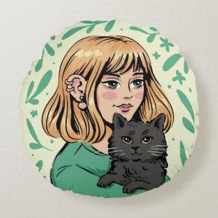 Girl with Black Cat Illustration Round Pillow
