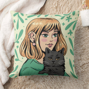 Girl with Black Cat Illustration Throw Pillow