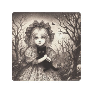 Girl with Black Kitten Spooky Retro Halloween Metal Print