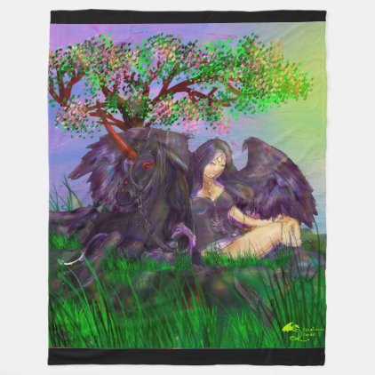 Girl with Black Unicorn Angel Cherry Tree Fleece Blanket