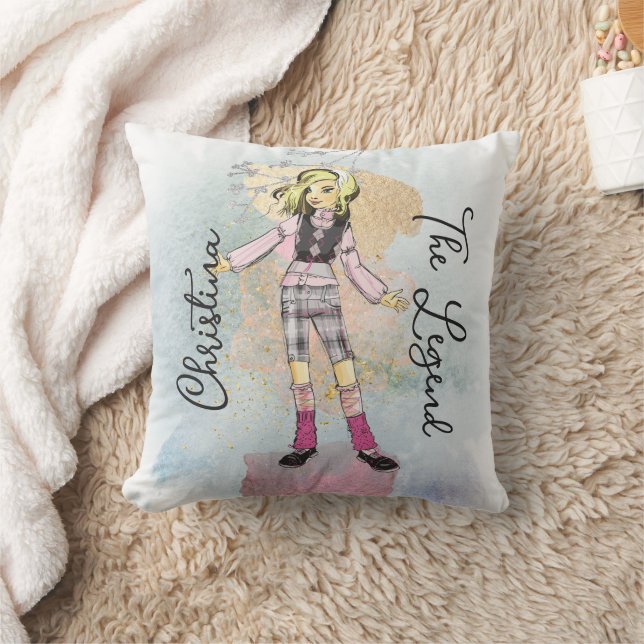 Girl With Blonde Hair Gold Name Text Throw Pillow (Blanket)