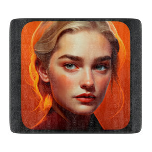 Girl with blue eyes cutting board