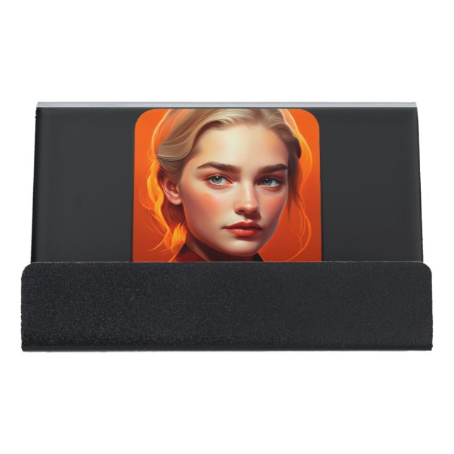 Girl with blue eyes desk business card holder (Front)