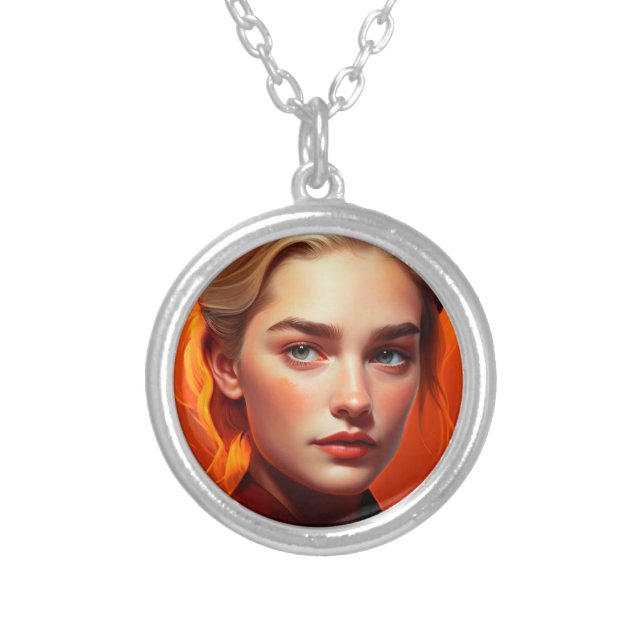 Girl with blue eyes silver plated necklace (Front)