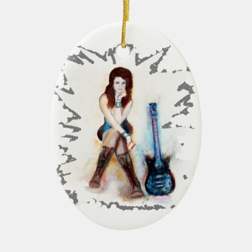 Girl with blue guitar design ceramic ornament