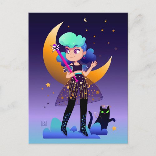 Girl with blue hair and black cat postcard