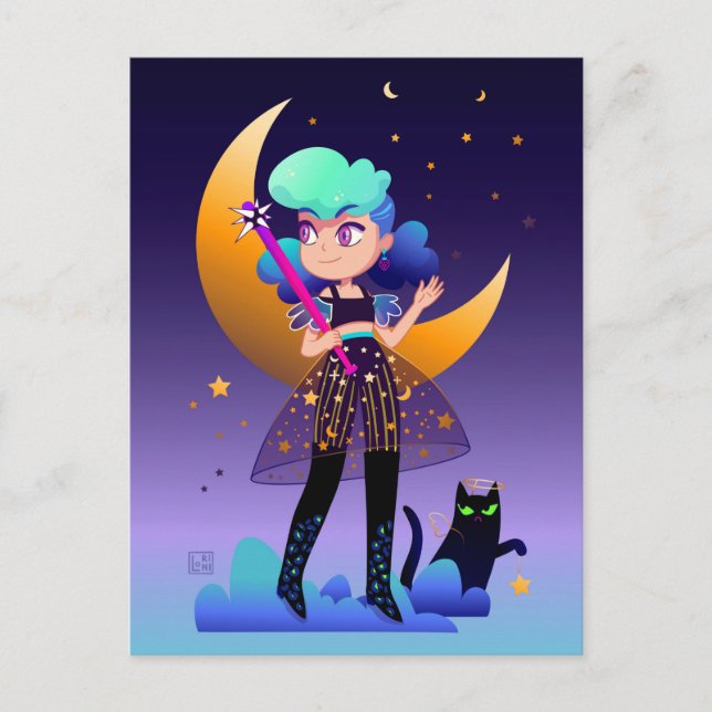 Girl with blue hair and black cat postcard (Front)