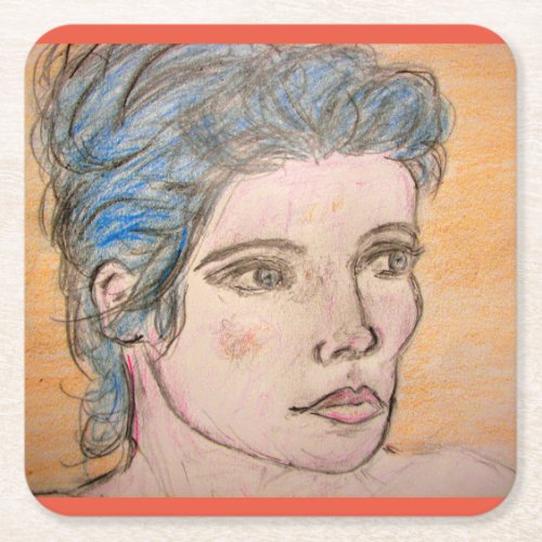 Girl with Blue Hair Square Paper Coaster