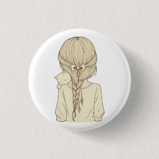 Girl with Braid and Cat Illustration – Soft Pastel Button