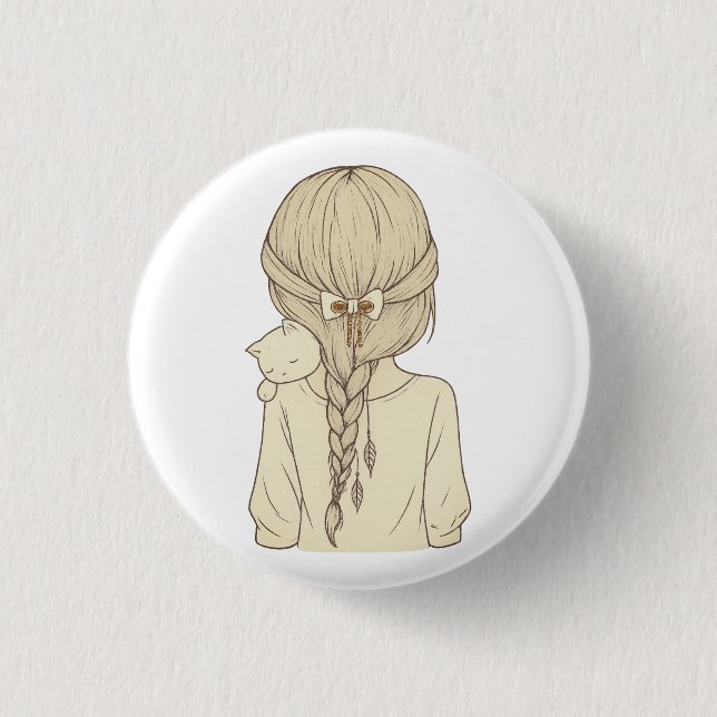 Girl with Braid and Cat Illustration – Soft Pastel Button (Front)