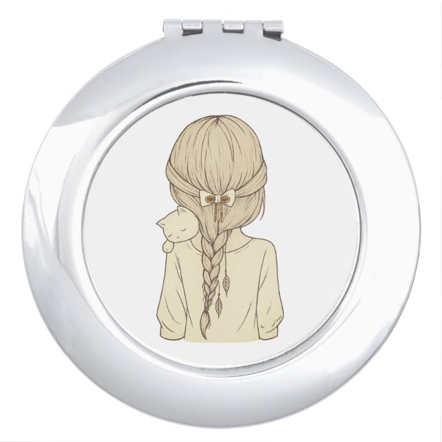 Girl with Braid and Cat Illustration – Soft Pastel Compact Mirror (Front)