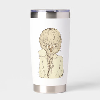 Girl with Braid and Cat Illustration – Soft Pastel Insulated Tumbler