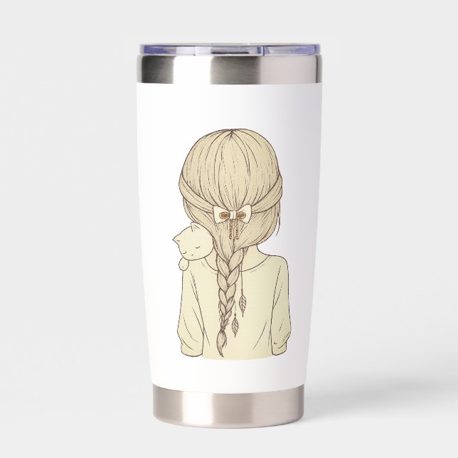 Girl with Braid and Cat Illustration – Soft Pastel Insulated Tumbler (Front)
