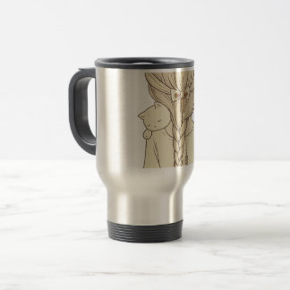 Girl with Braid and Cat Illustration – Soft Pastel Travel Mug