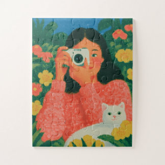 Girl with Camera and Cat in Garden Jigsaw Puzzle