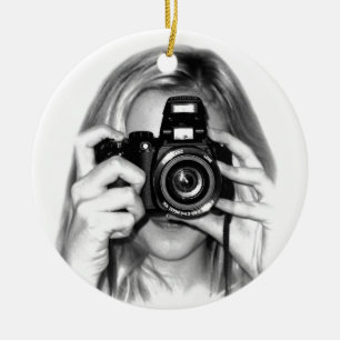 Girl with camera ceramic ornament