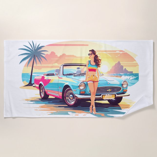 Girl with car and dream nature beach towel (Front)