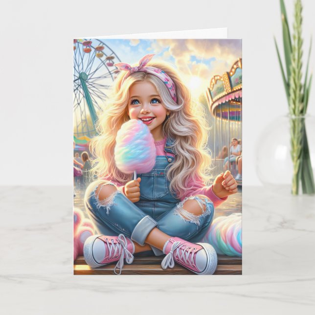 Girl With Carnival Cotton Candy Card (Front)