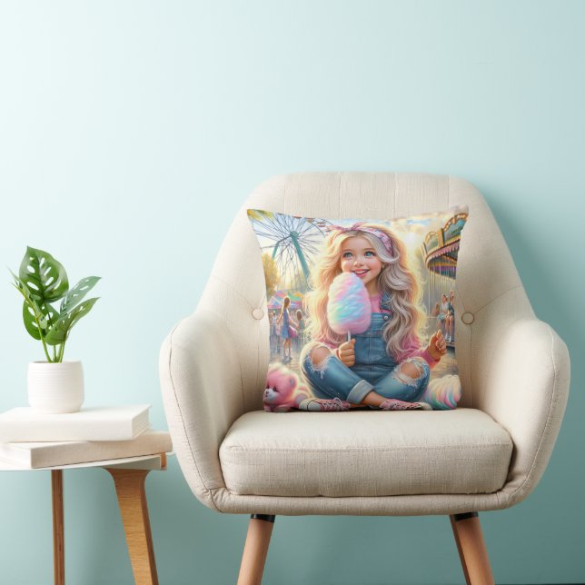 Girl With Carnival Cotton Candy Throw Pillow (Chair)