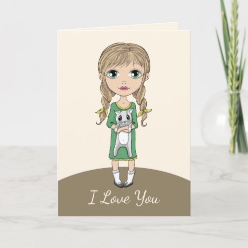Girl with Cat I Love You Greeting Card