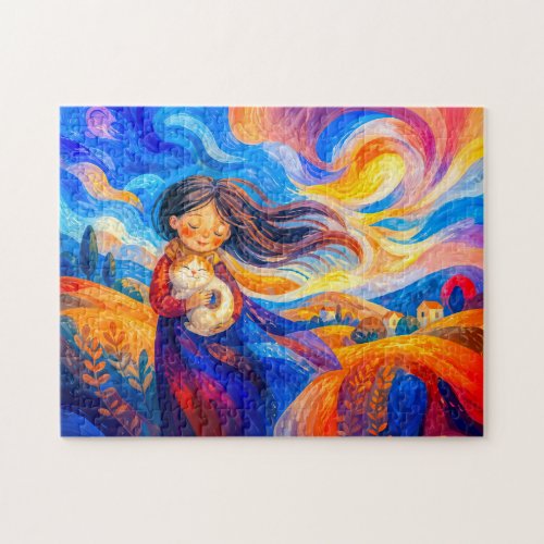 Girl with cat in flowing windy colors jigsaw puzzle