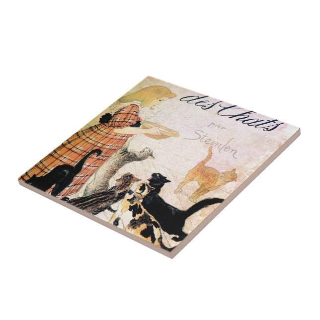 Girl with Cats, Alexandre Steinlen Ceramic Tile (Side)