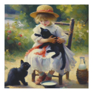 Girl with Cats - Impressionist-Inspired Art  Faux Canvas Print