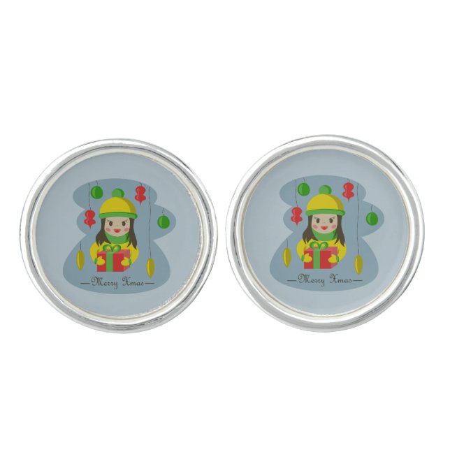 Girl with Christmas gift box  Cufflinks (Front)
