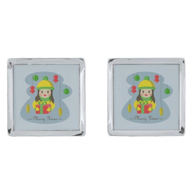 Girl with Christmas gift box  Cufflinks (Front)