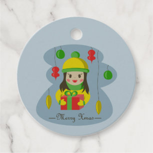 Girl with Christmas gift box  Favor Tags