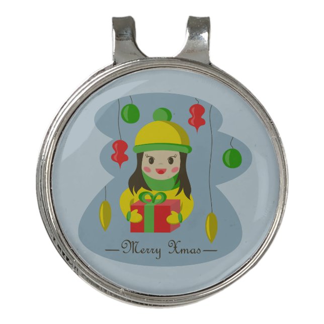 Girl with Christmas gift box  Golf Hat Clip (Front)