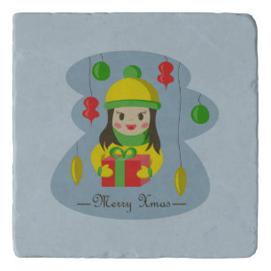 Girl with Christmas gift box Trivet