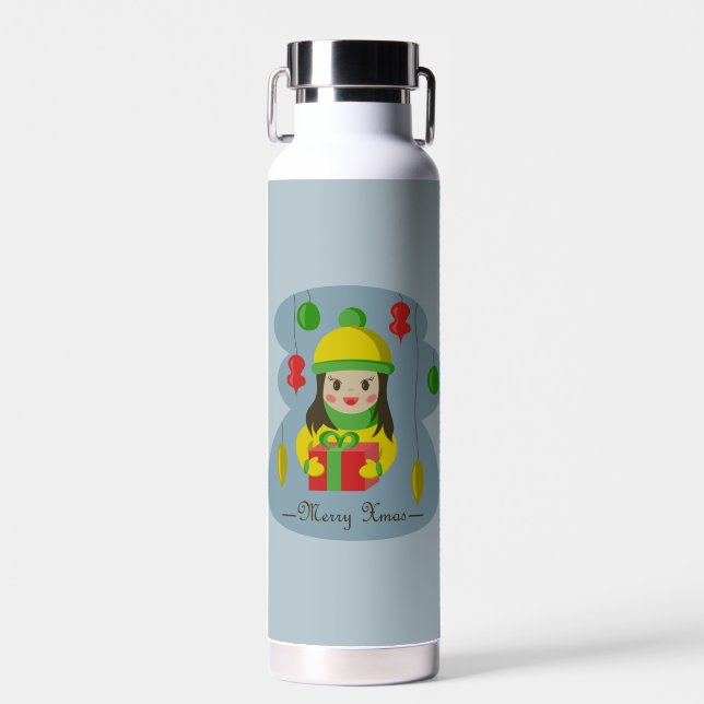 Girl with Christmas gift box  Water Bottle (Front)