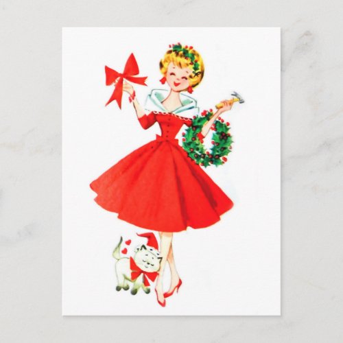 Girl with Christmas wreath and her little cat Postcard